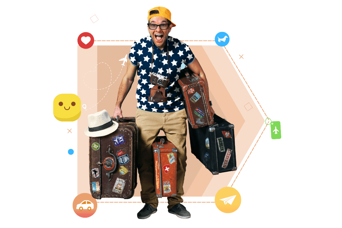 man carrying loads of bags excited about trip